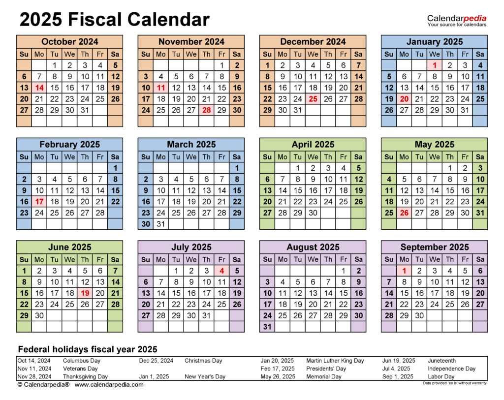 Fiscal Calendars 2025 Free Printable Word Templates