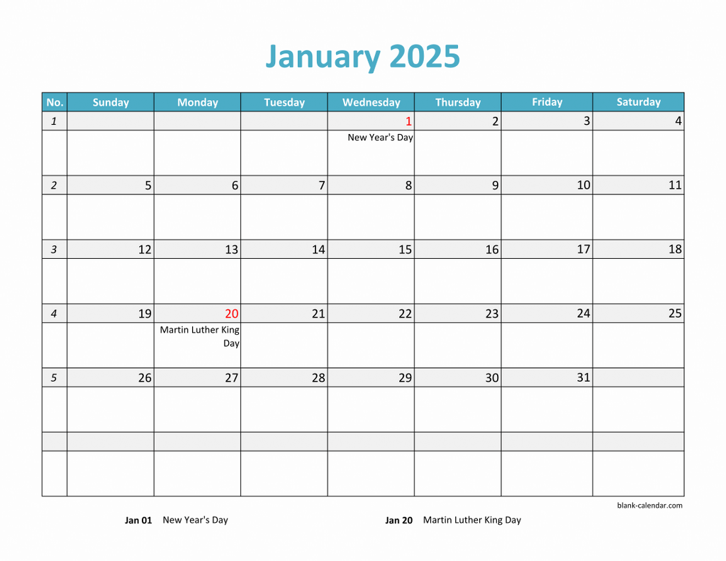 Free Download 2025 Excel Calendar Large Boxes In The Grid horizontal 