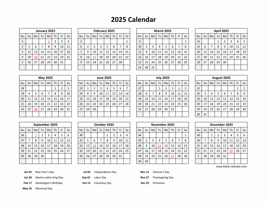 Free Download Printable Calendar 2025 With US Federal Holidays One 