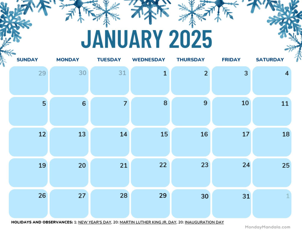 Free January 2025 Calendar With Holidays Calendar 2024 2025