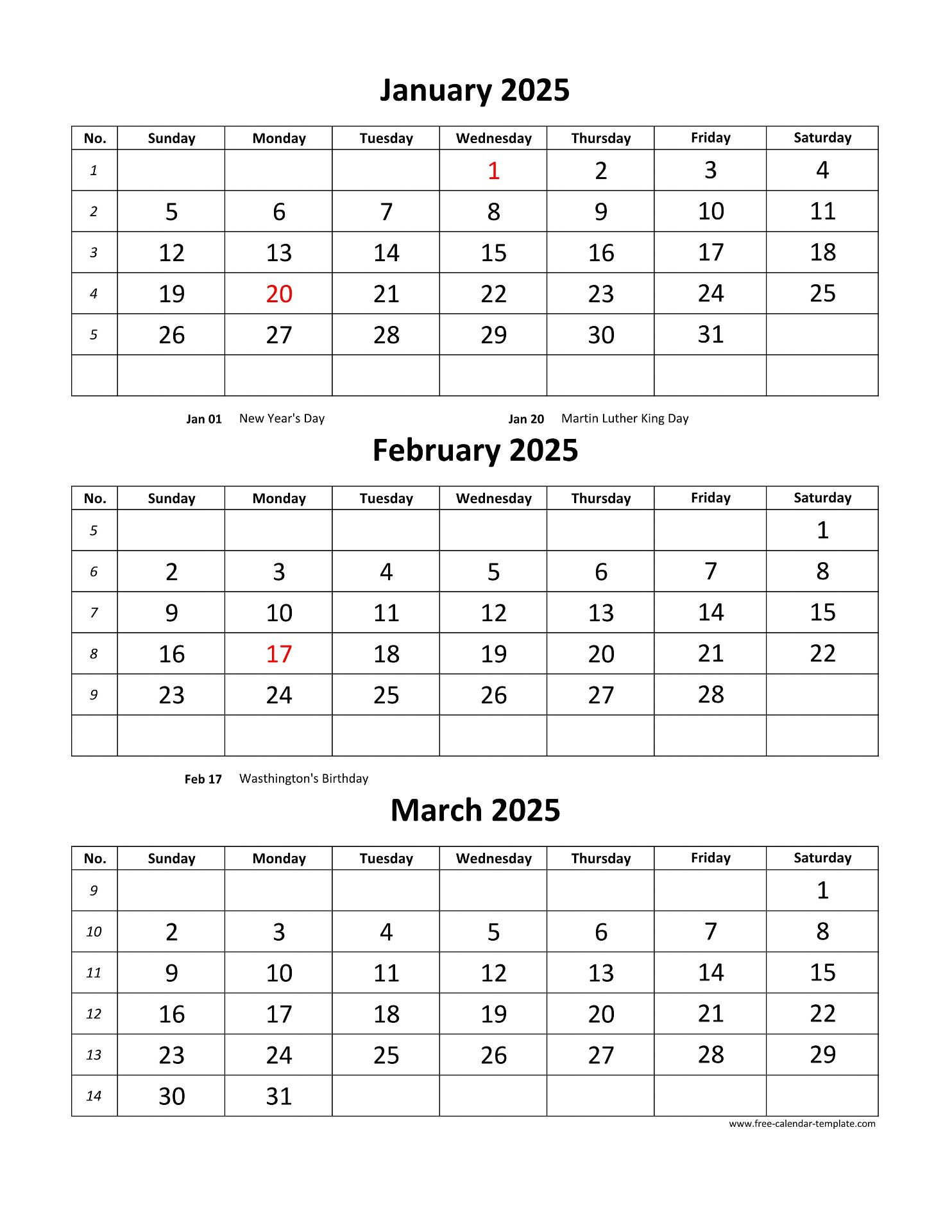 Free Monthly Calendar 2025 3 Months Per Page vertical Free