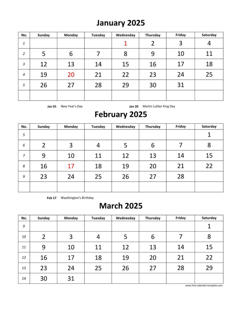 Free Monthly Calendar 2025 3 Months Per Page vertical Free 