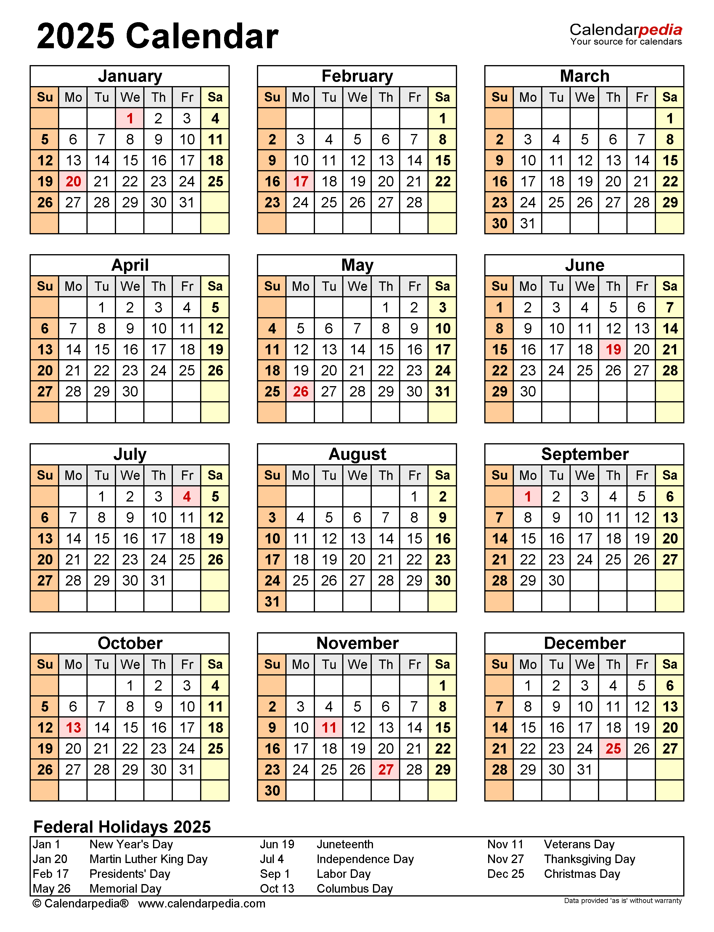 Free Printable 2025 Calendar With Holidays