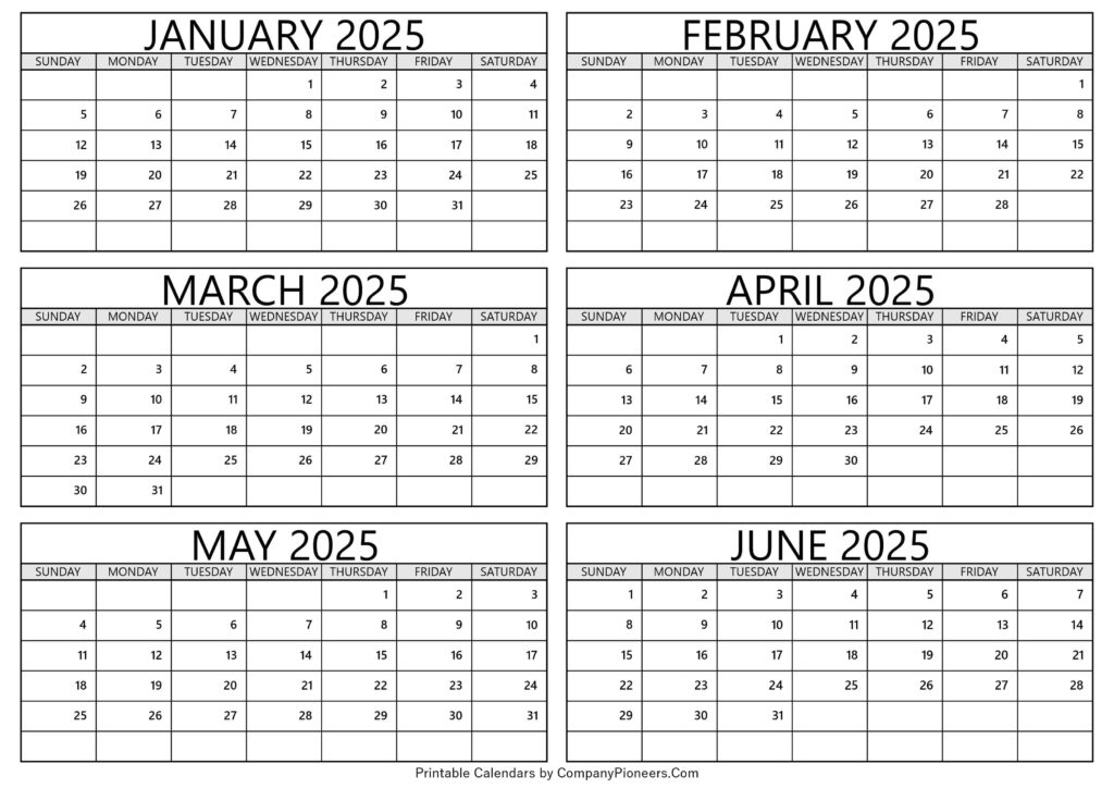 January To June 2025 Calendar Printable Template