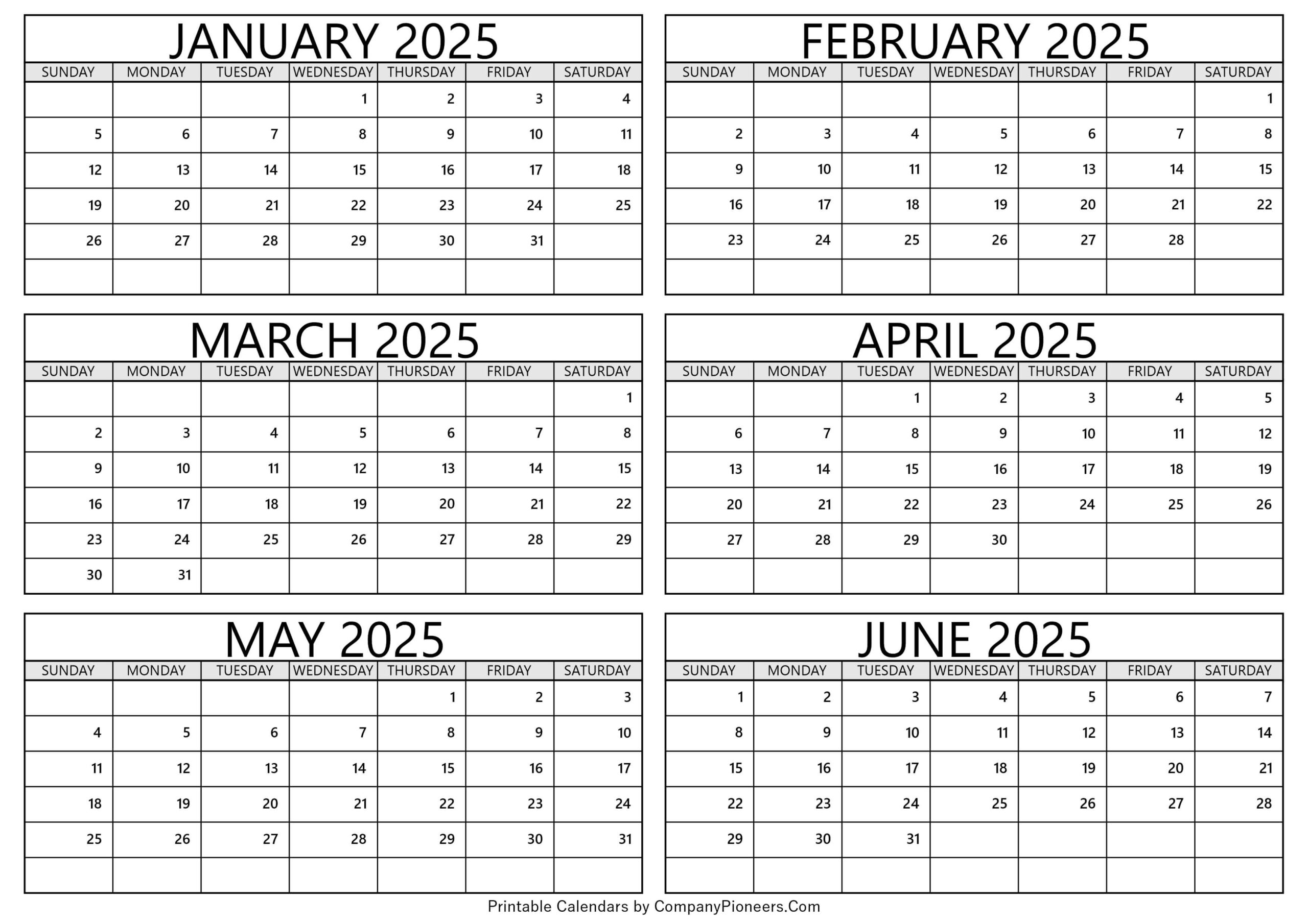 January To June 2025 Calendar Printable Template