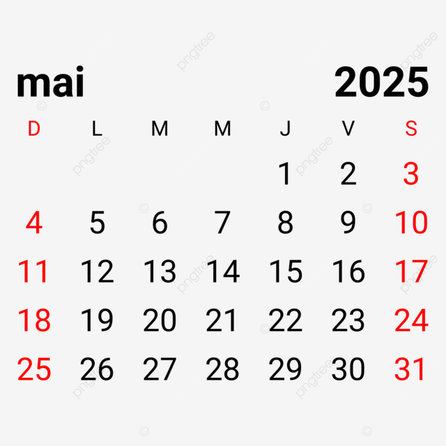 Kalender Perancis Bulanan Mei 2025 Vektor Kalender Perancis Bulanan