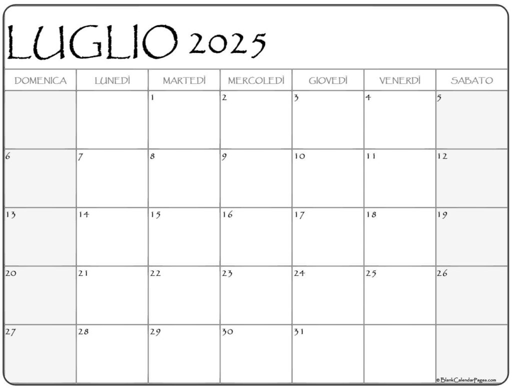 Luglio 2025 Calendario Gratis Italiano Calendario Luglio