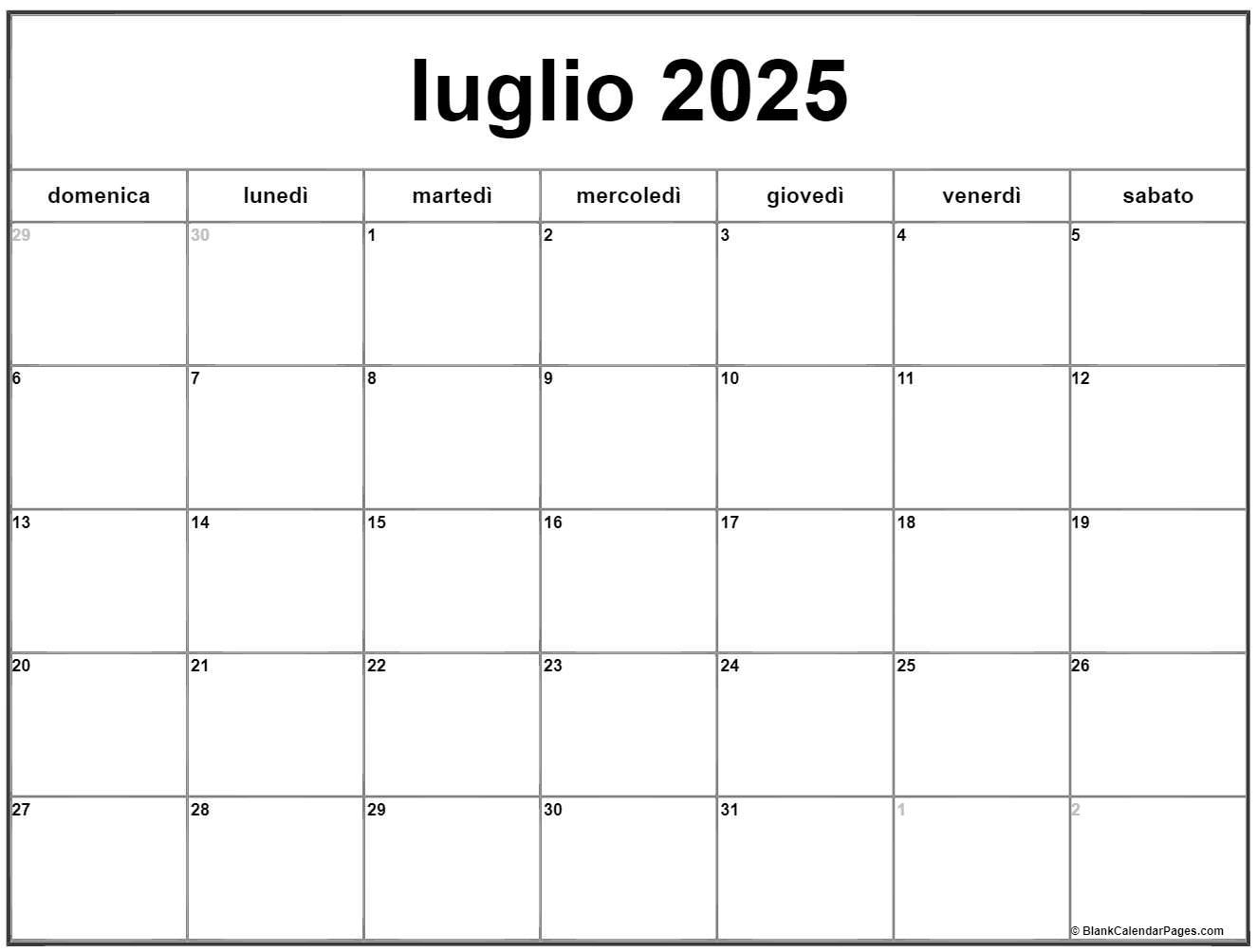 Luglio 2025 Calendario Gratis Italiano Calendario Luglio