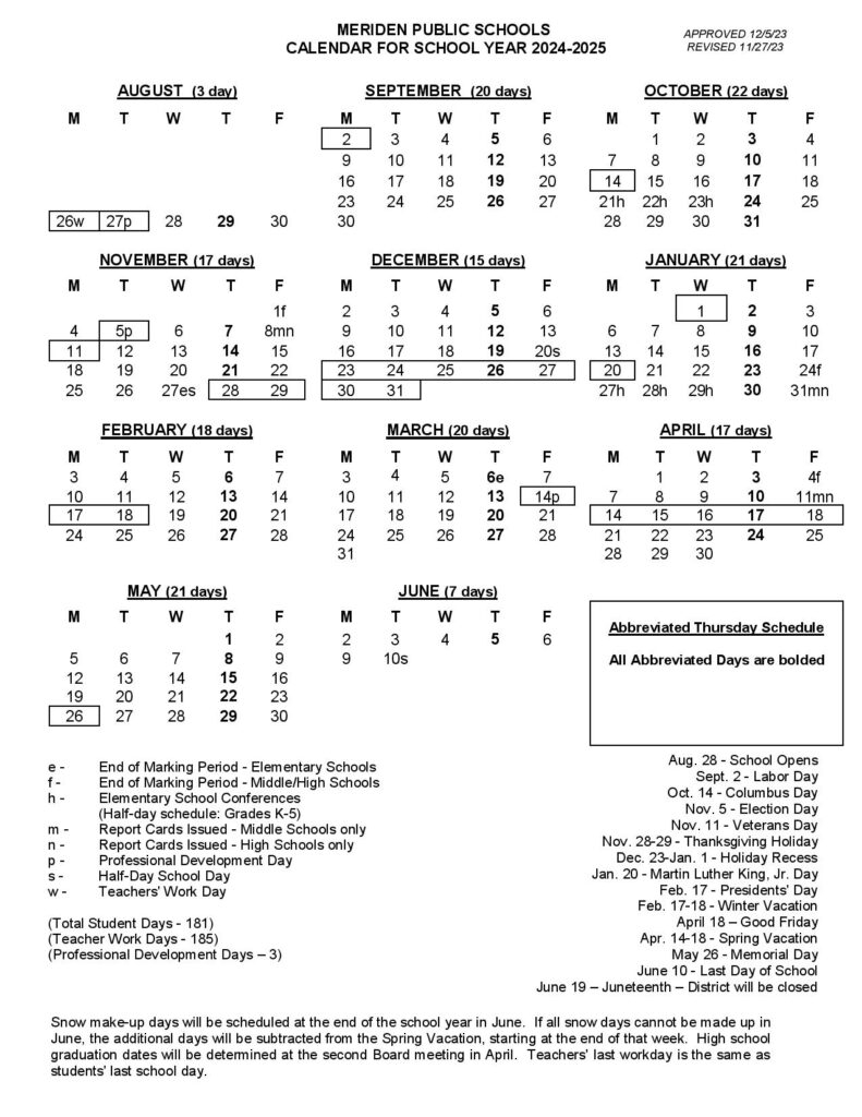 Meriden Public Schools Calendar 2024 2025 In PDF