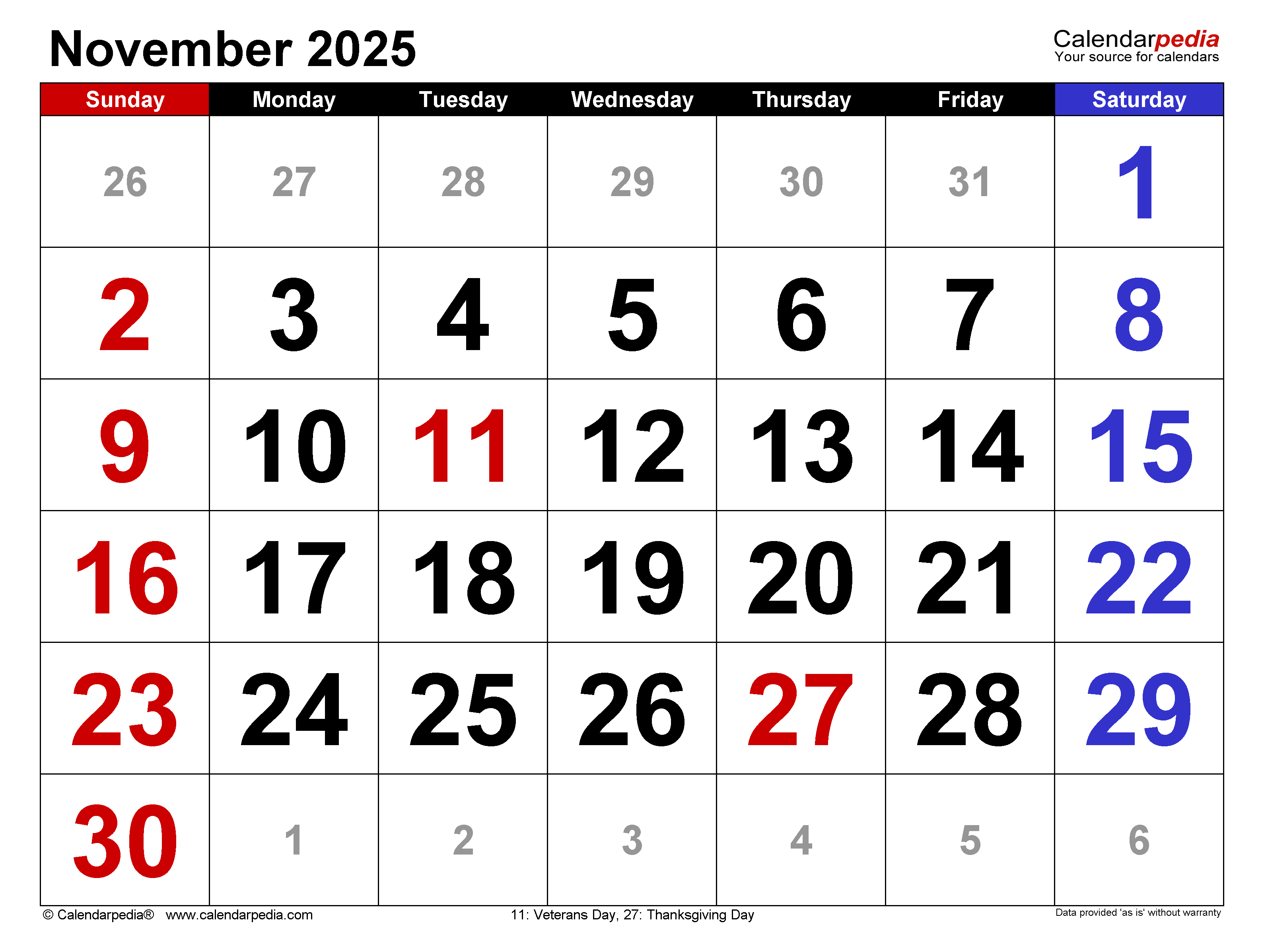 November 2025 Calendar Templates For Word Excel And PDF