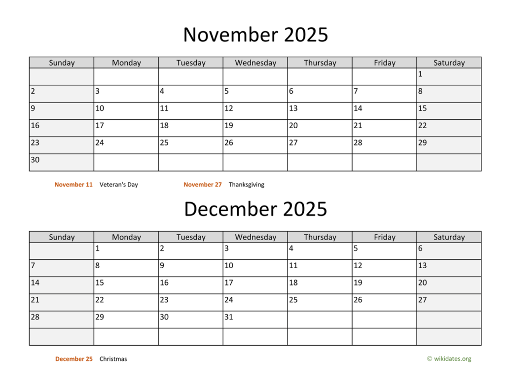 November And December 2025 Calendar WikiDates