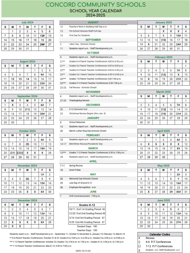 School Year Calendar Concord Community Schools