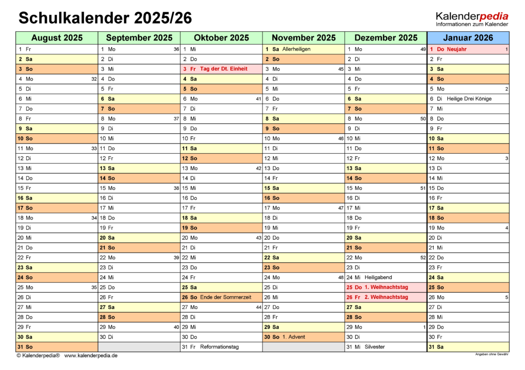 Schulkalender 2025 2026 Als PDF Vorlagen Zum Ausdrucken