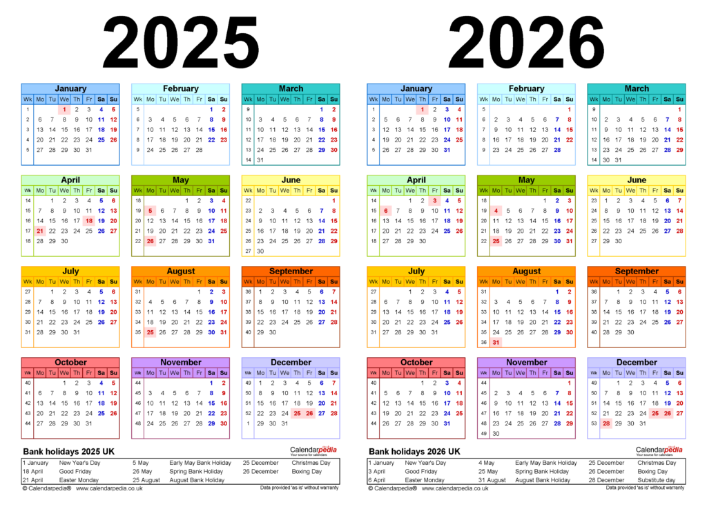 Two Year Calendars For 2025 And 2026 UK For Microsoft Excel