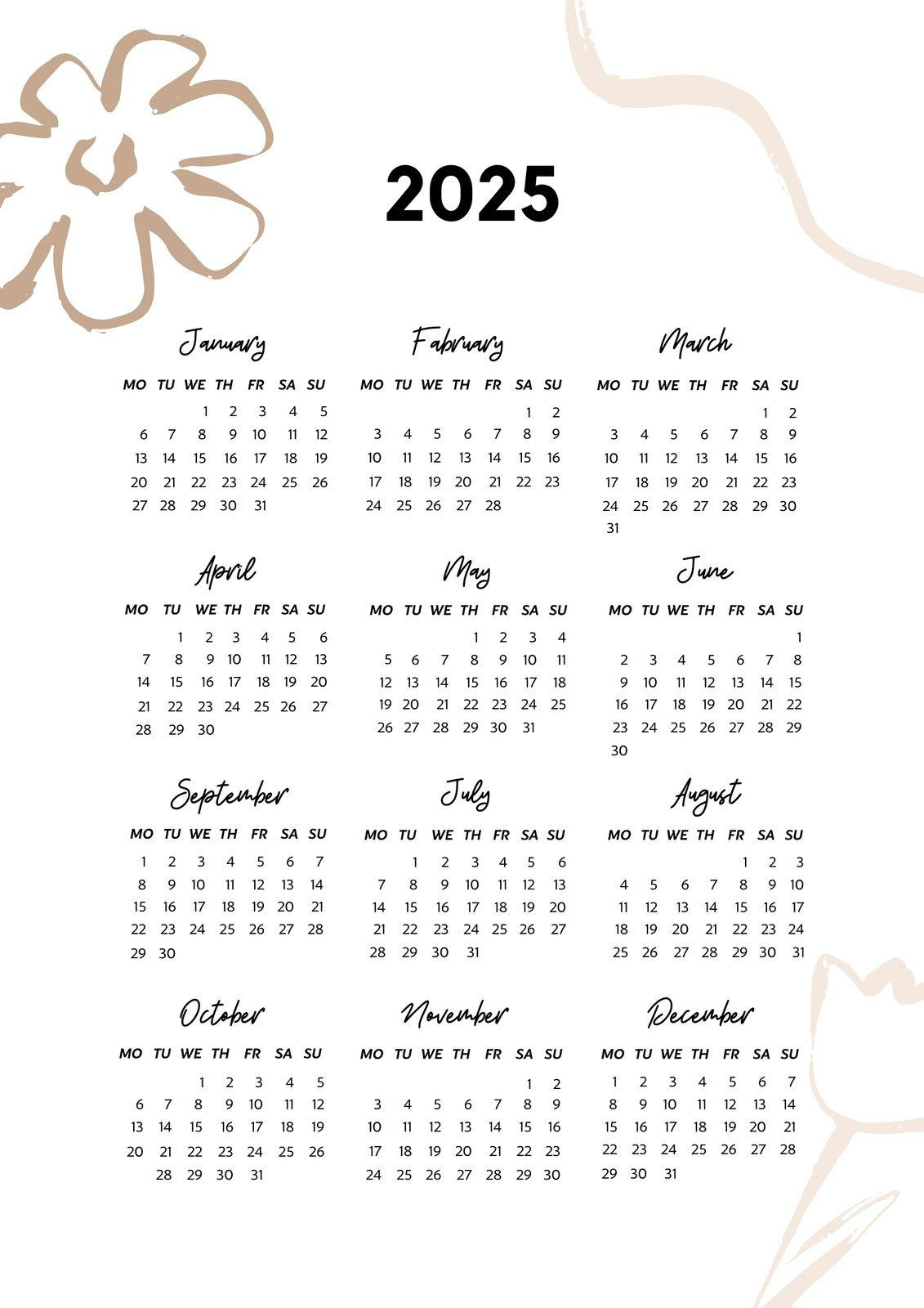 White And Beige Elegant Calendar 2025 Poster Templates By Canva Artofit